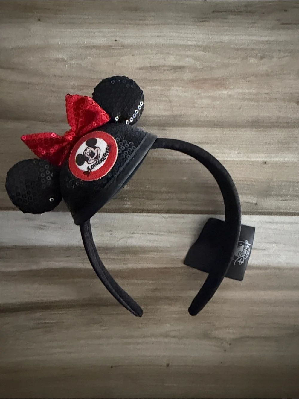 Disney Black Sequin Minnie Ear Headband with Red Bow